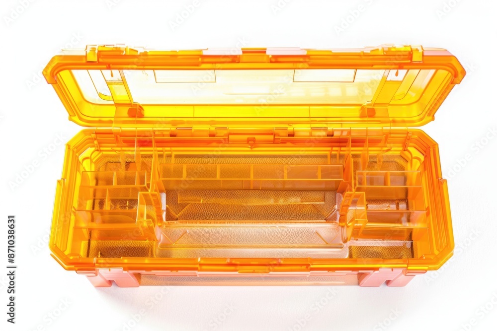 Poster a close-up shot of a yellow plastic case with separate compartments for organization
