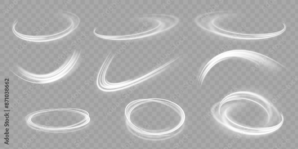 Poster White shiny sparks of spiral wave. Curved bright speed line swirls. Shiny wavy path. Magic golden swirl with highlights. Glowing swirl bokeh effect.