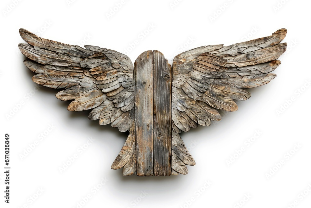 Poster A wooden sculpture of a bird with outstretched wings, perfect for use in decorative settings or as a symbol in branding