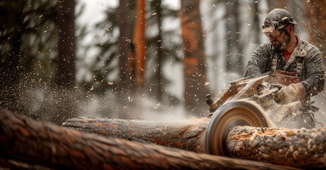 A lumberjack wearing safety gear operates a chainsaw to cut large logs outdoors. The intensity and precision of the woodcutting process amidst a background of tall trees.