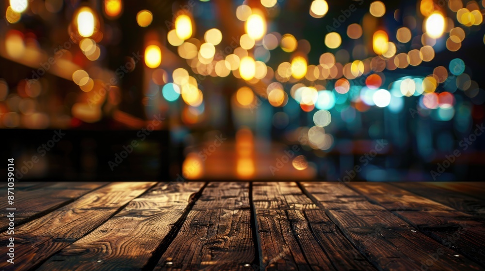Poster a wooden table with string lights in the background, suitable for rustic or cozy settings