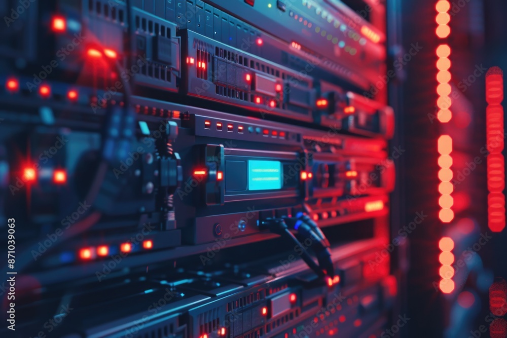 Poster Rack of servers with red lights in a server room, suitable for IT or technology-related uses