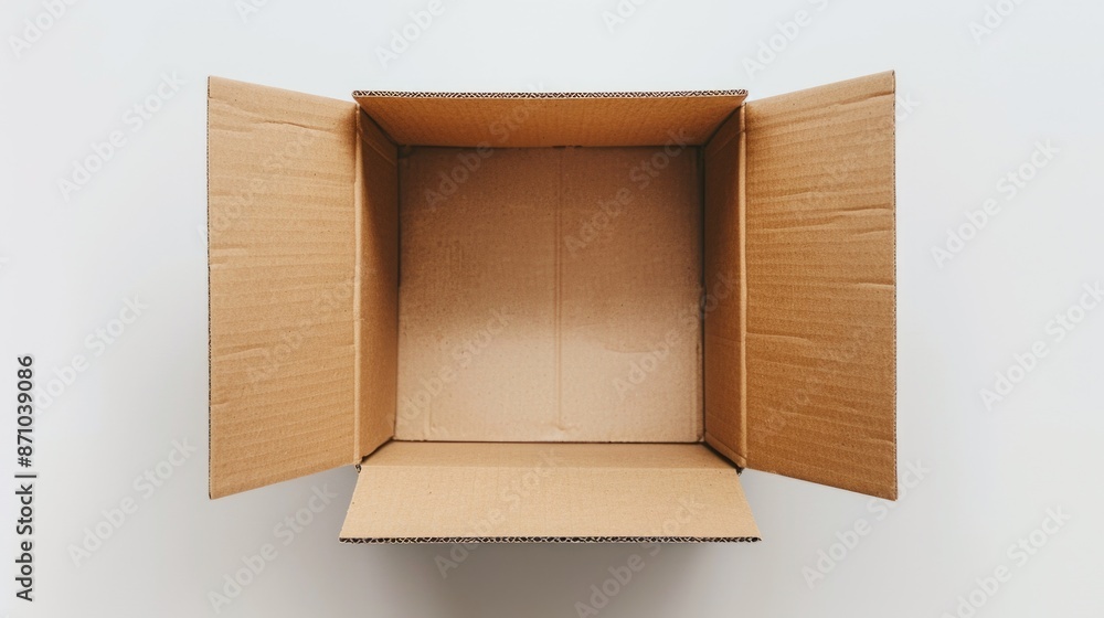 Poster a simple cardboard box with flaps open, placed on a clean white surface