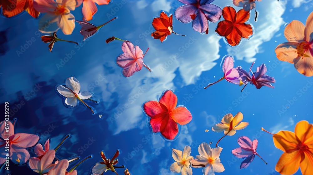 Poster a group of flowers suspended in mid-air, perfect for adding a whimsical touch to any design