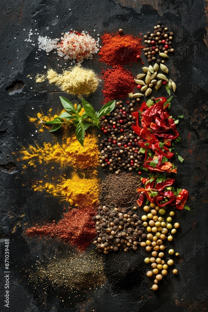 Poster assortment of spices arranged on a dark background, ideal for use in photography or graphic design p