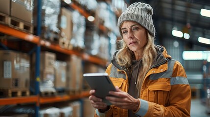 A warehouse worker wearing winter gear and an orange jacket, checking inventory on a tablet amidst shelves filled with boxes, exemplifying efficiency and modern industrial work.
