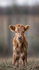 Fototapeta premium Vertical AI illustration adorable brown calf standing in field. Animals concept.