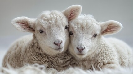 Fototapeta premium Horizontal AI illustration heartwarming portrait of two cuddling lambs. Animals concept.