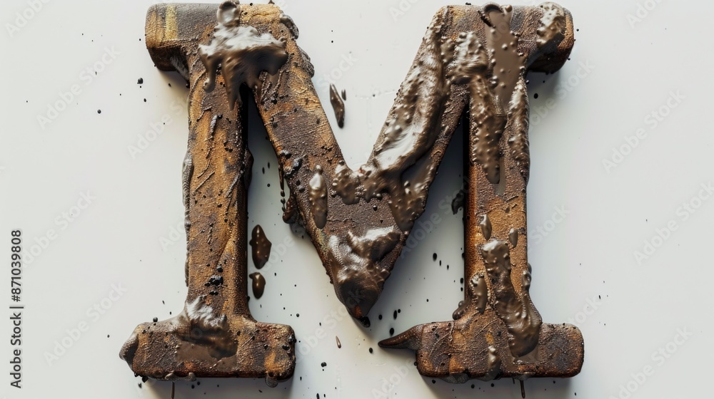 Poster a close-up shot of a metal letter m on a white surface, ideal for use in designs and compositions wh