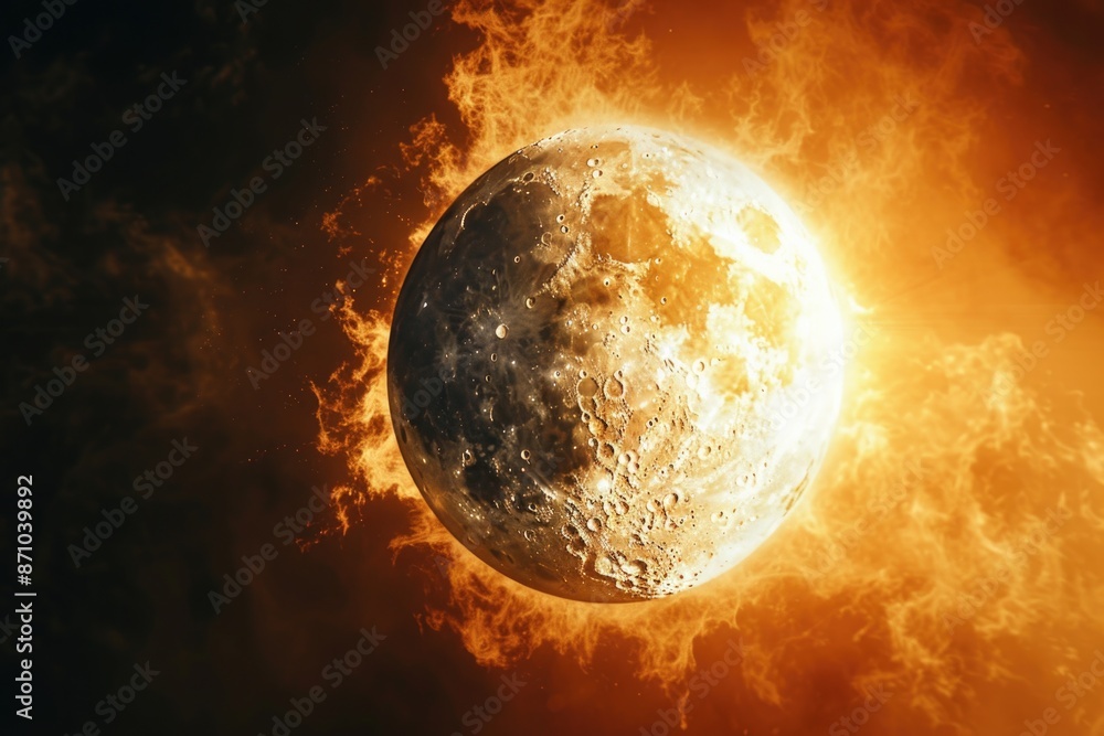 Poster A close-up shot of the sun with the moon visible in the background, ideal for use in astronomy or science-related contexts