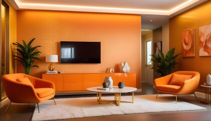 A high-definition capture of a modern living room with sleek, avant-garde furniture, dynamic LED lights, and gradient walls.