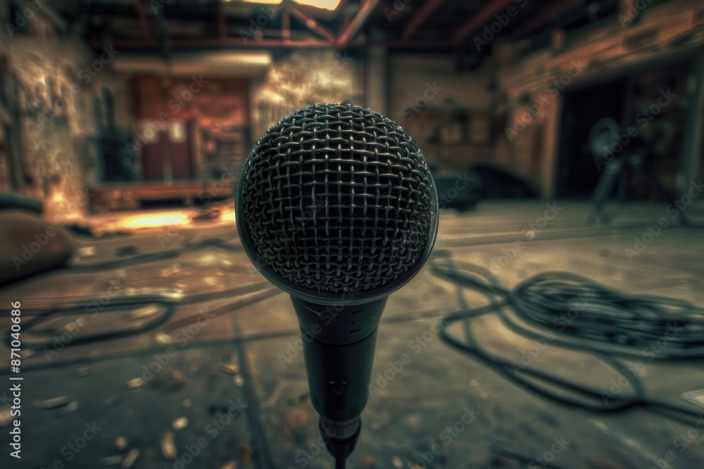 Poster a single microphone sitting on a wooden floor, ideal for use in music or recording settings
