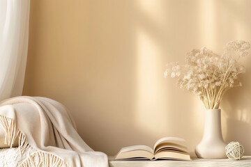 Minimalist beige decor with open book, vase of dried flowers, and cozy blanket. Concept of simplicity, tranquility, and Book Lovers Day