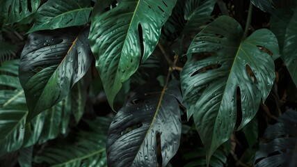 A close up of Monstera and Giant Philodendron leaves in tropical garden. Green ornamental foliage background in dark moody tone style