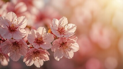 Naklejka premium Sakura flowers on blurred pink background with copy space for text or ads
