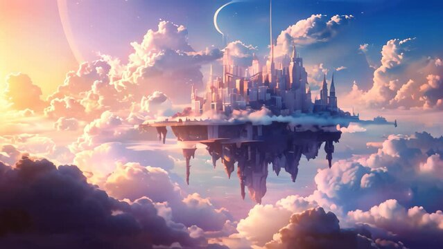 A castle floats in the sky surrounded by clouds, A dreamy cloud city floating high in the sky