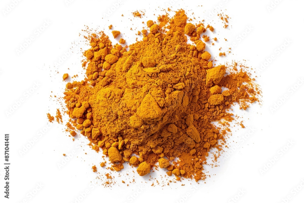 Poster a close-up view of a pile of yellow powder on a white surface, ideal for use in illustrations or gra