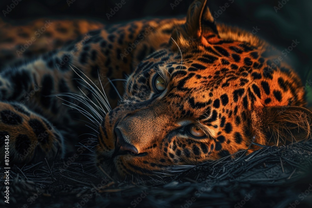 Poster A close-up view of a leopard resting on the ground, with its fur and whiskers visible
