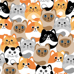 Seamless pattern with many different cats on white background. Vector illustration for children.