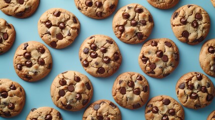 Delectable chocolate chip cookies on a bright blue background invite a taste of sweetness.