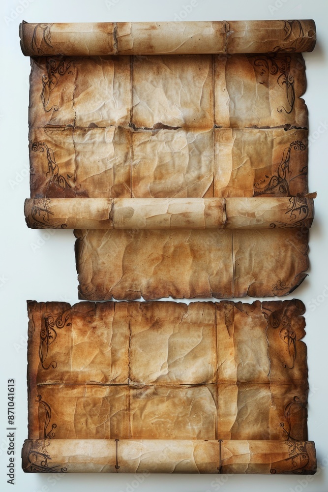 Aufkleber Two ancient paper scrolls sit on a table, with intricate designs and text visible