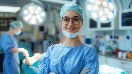 A confident surgeon stands in an illuminated operating room with arms crossed, medical staff preparing for surgery in the background, displaying professionalism and trust.