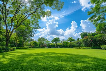 Obraz premium A serene natural landscape with lush green grass, trees, and bushes