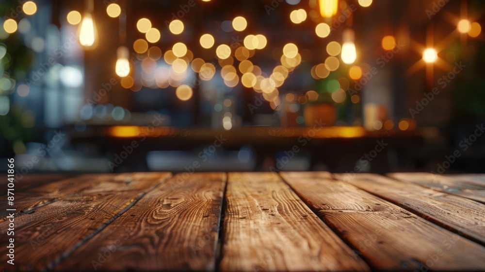 Poster a simple wooden table with decorative string lights in the background