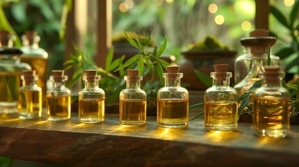 Rows of small glass bottles filled with golden cannabinoid oil, bathed in a warm, natural light.