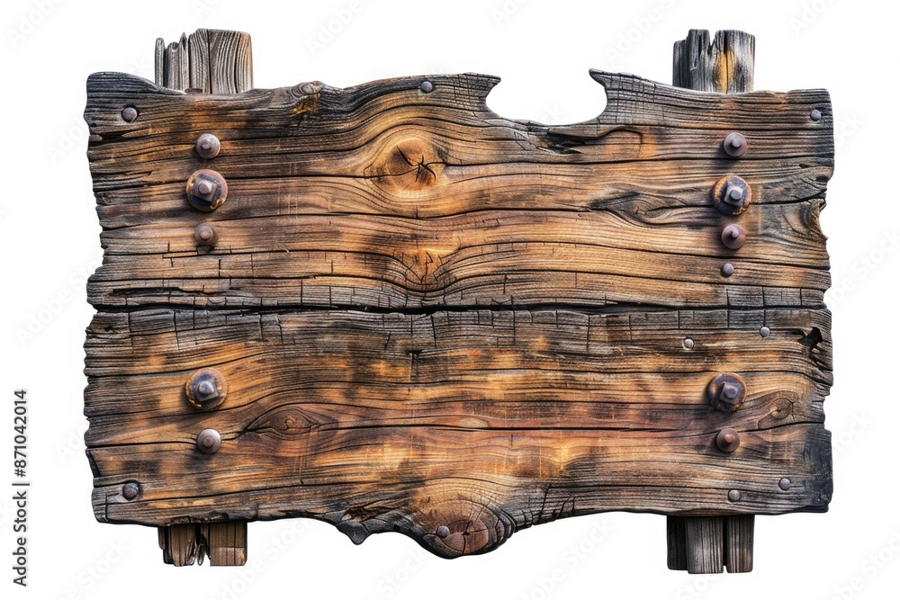 Poster Close-up shot of a wooden sign on a pole with rustic design and text