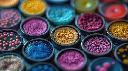 Naklejka premium Microscopic view of diverse bacterial colonies to depict microbiology concepts with scientific accuracy. , Minimalism,