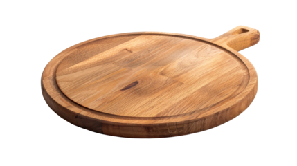 Circular Oak Serving Board Isolated, Elegant circular oak serving board with a natural wood grain and handle, presented on a clean white background, ideal for food display