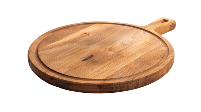 Circular Oak Serving Board Isolated, Elegant circular oak serving board with a natural wood grain and handle, presented on a clean white background, ideal for food display