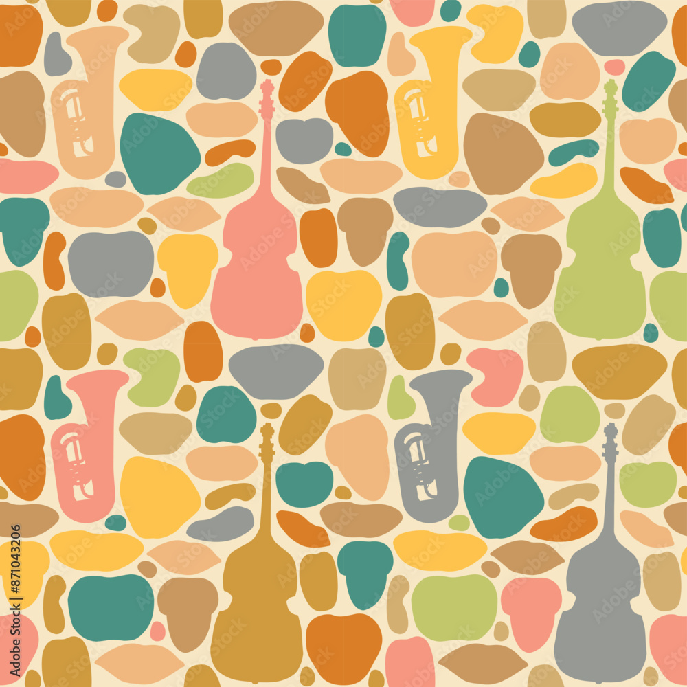 Poster vector abstract bright seamless pattern texture with colored shapes and silhouettes of musical instr