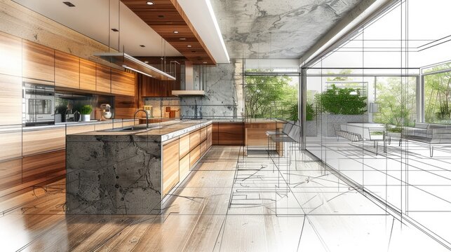 realistic kitchen room transfering into hand-drawn scetch pencil drawing