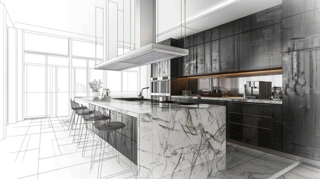 realistic kitchen room transfering into hand-drawn scetch pencil drawing