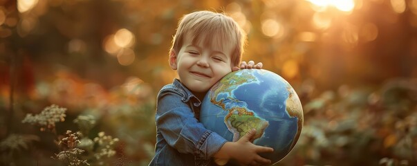 Naklejka premium Happy child hugging a globe, symbolizing environmental protection and love for Earth. Free copy space for text.