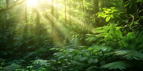 Obraz premium A lush green forest with sunlight shining through the trees by AI generated image