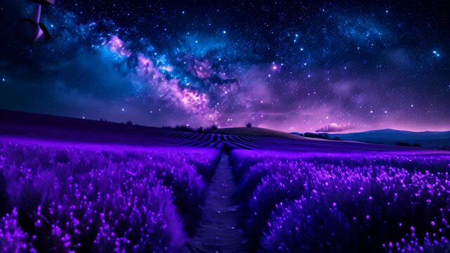 A path leads through a lavender field under a star-filled sky, Starry night sky over a tranquil lavender field