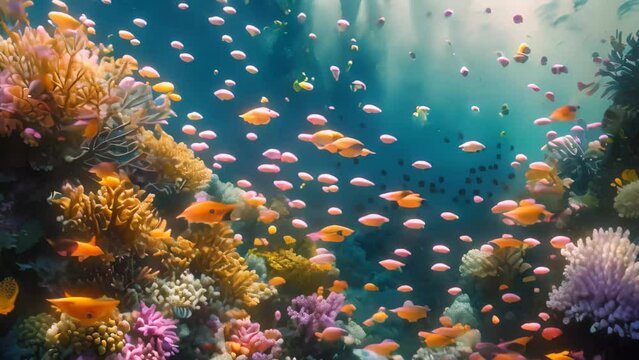 A large group of fish swim above a vibrant coral reef in the ocean, The ineffable beauty of a coral reef with vibrant marine life