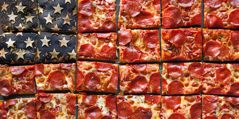 An American flag made entirely of pizza slices.


