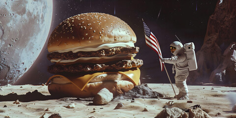 An astronaut planting an American flag on a giant cheeseburger moon.