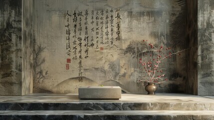 Contemporary podium with soft corners against a backdrop of Chinese calligraphy and designs