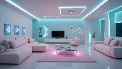 A futuristic living room with bold furniture designs, dynamic, colorful LED lighting, and gradient walls, photographed in HD.