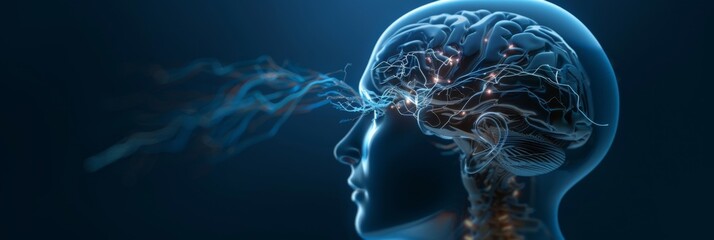 Naklejka premium Glowing brain symbol of AI with neural networks, showcasing seamless interaction with human thought.