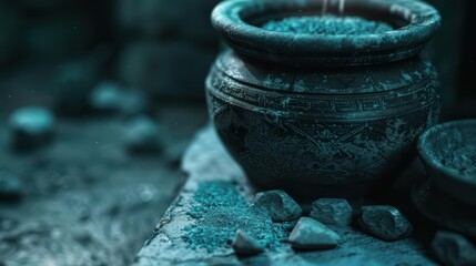 A futuristic apothecary where mystical stones are ground into powders that activate supernatural healing properties when ingested, with copy space high tech