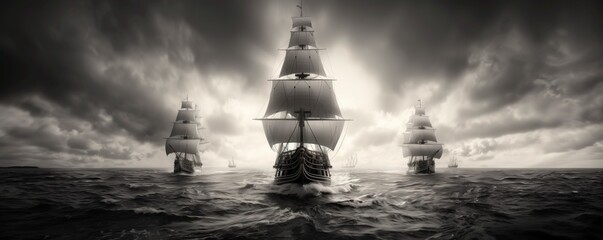 Black and white illustration of Columbuss three ships sailing on the open ocean