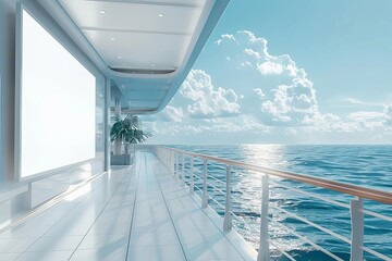 Fototapeta premium A white empty billboard showcase incorporated into the side of a cruise ship, captivating passengers as they sail across the ocean