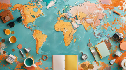 A map of the world is spread out on a table with various items such as a watch by AI generated image