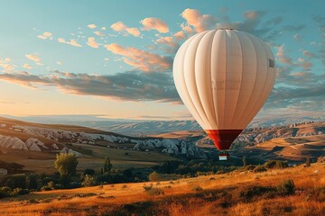 Obraz premium A white empty billboard showcase displayed on the side of a hot air balloon, floating majestically above a vibrant landscape